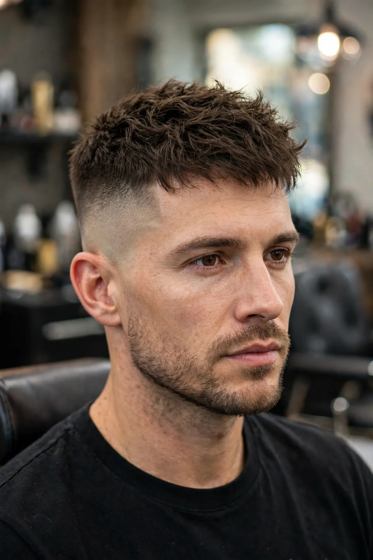 Man with a high skin fade haircut and textured top in a barbershop, sharp fade blending down to bare skin above the temples