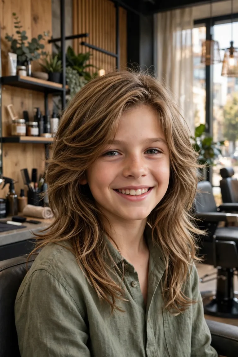 Young boy with long layered shoulder-length haircut smiling in a barbershop