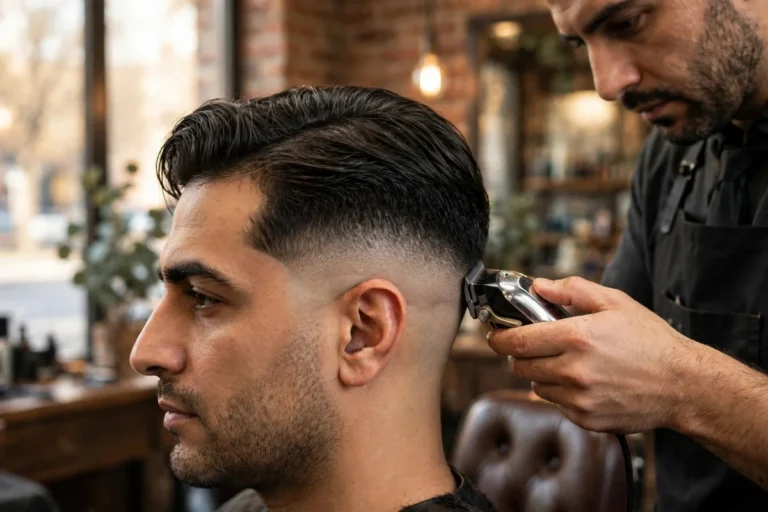 Man showing a sharp low skin fade haircut, with the fade dropping to bare skin just above the ears under a clean textured top