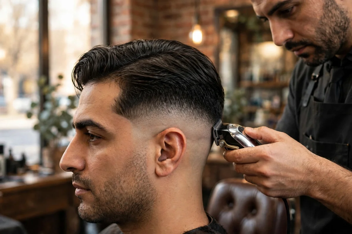 Man showing a sharp low skin fade haircut, with the fade dropping to bare skin just above the ears under a clean textured top