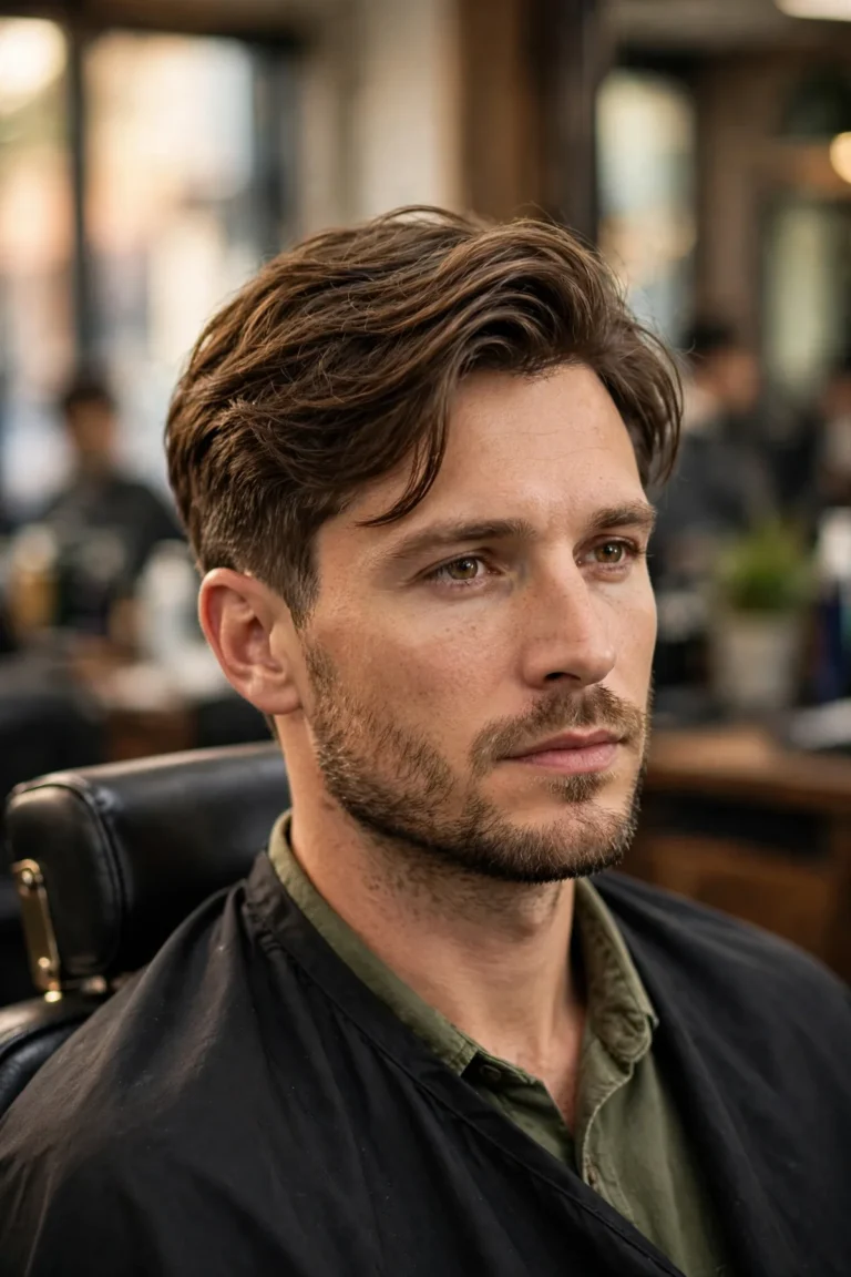 A stylish man with one of the best medium haircuts for men, sitting in a premium barbershop — textured medium-length hair swept naturally to the side with clean tapered sides, showing why men's medium haircuts are so versatile.