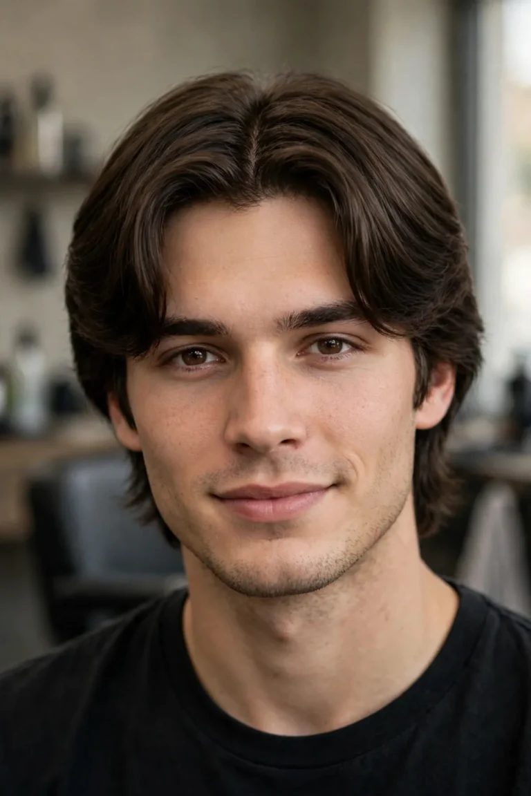 Man with a classic middle part haircut, curtain-style center-parted hair, barbershop photography