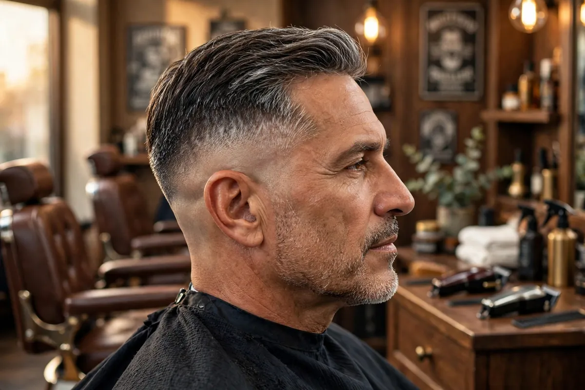 Collage of fade haircuts for men over 50 showing low fade, mid fade and skin fade styles on mature men with gray hair in a barbershop