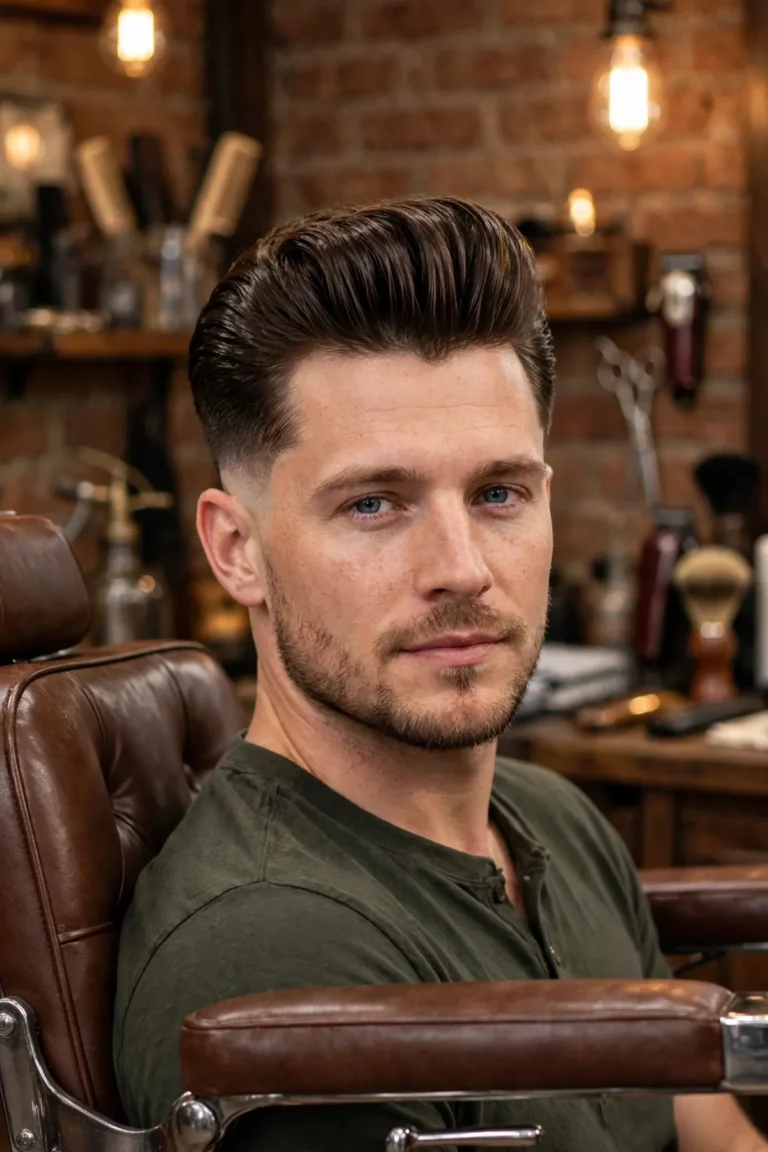 Classic pompadour haircut hero shot — tall glossy voluminous pompadour on a man in a barbershop, the iconic men's pompadour hairstyle