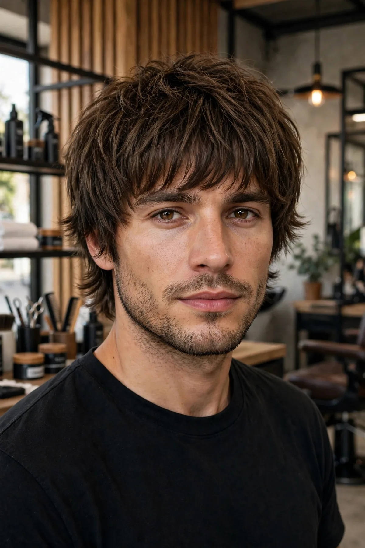 Man with a classic layered shag haircut for men — feathered layers and a textured fringe in a barbershop.