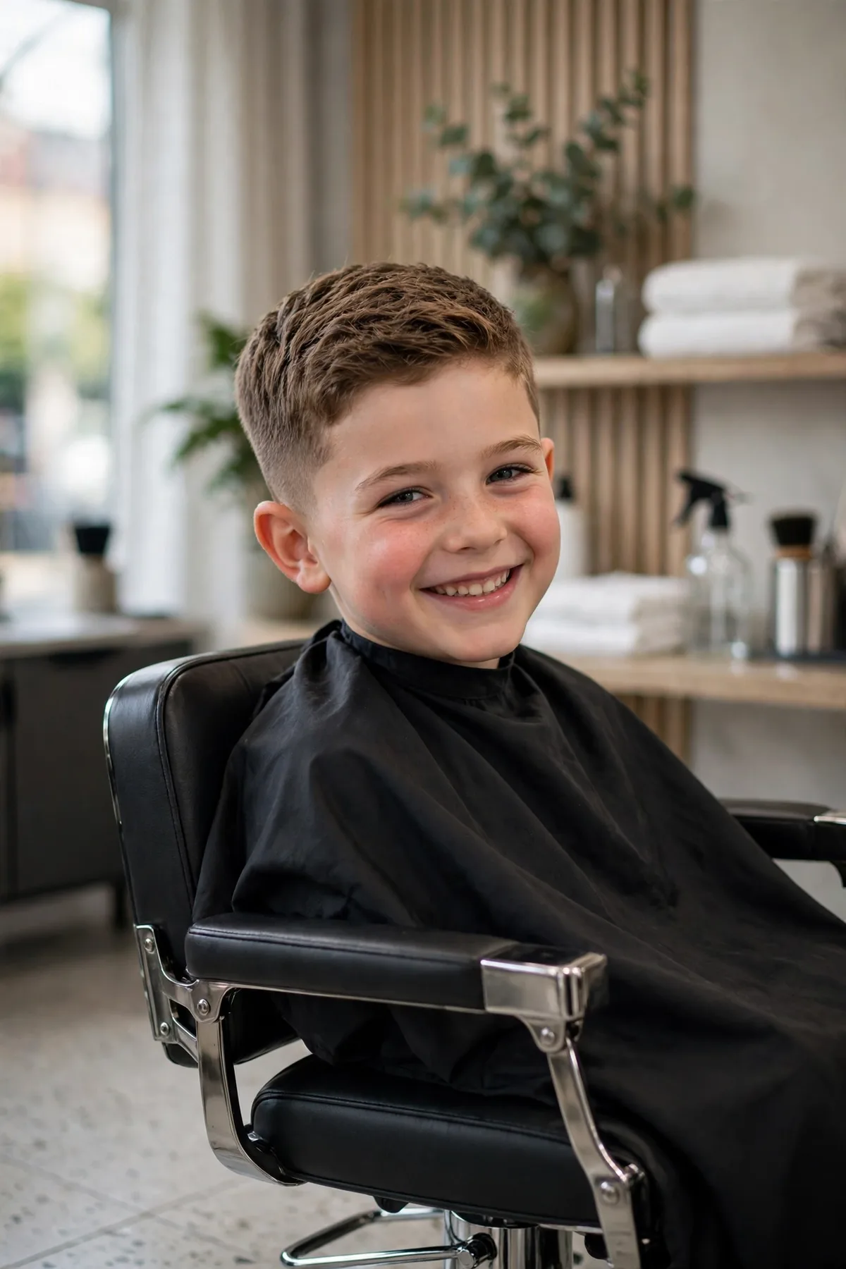 Boy smiling in a barbershop chair with a neat short textured haircut — one of the 30 best short boys haircuts