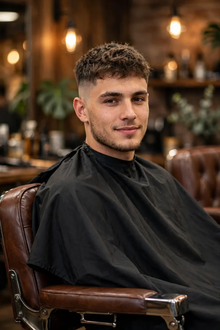 Man with a sharp taper short fade haircut — short textured crop on top with a clean mid taper fade blending around the ears and neckline, fresh from the barbershop
