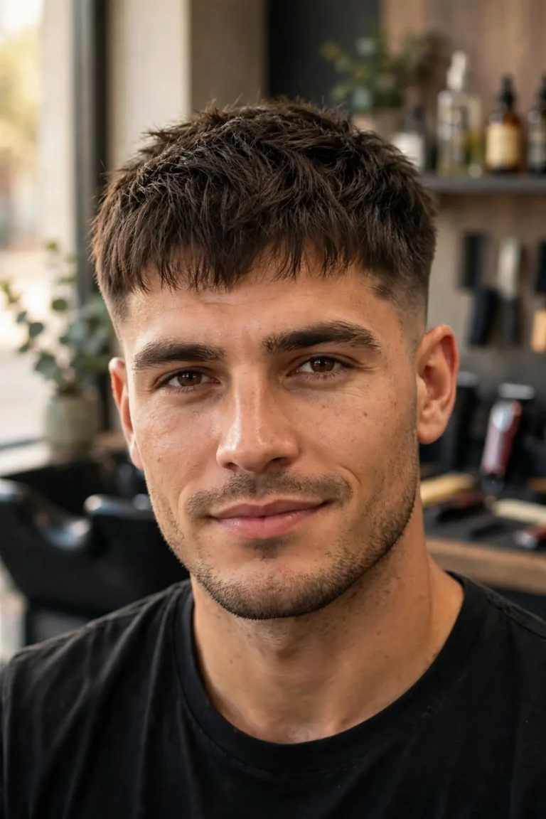 Classic textured crop haircut for men with a mid fade and choppy layered top styled forward with matte clay in a modern barbershop