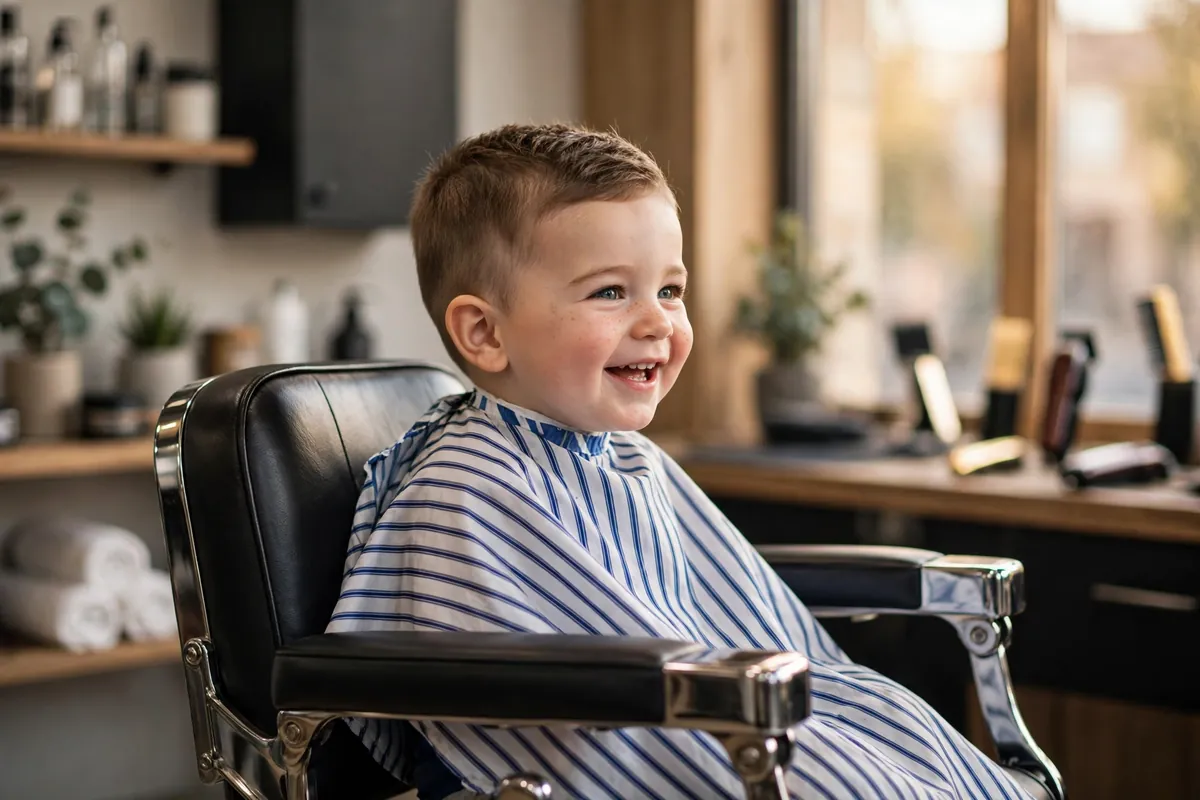 Toddler boy with a neat short textured crop haircut in a barber chair — one of the best short low maintenance toddler boy haircuts