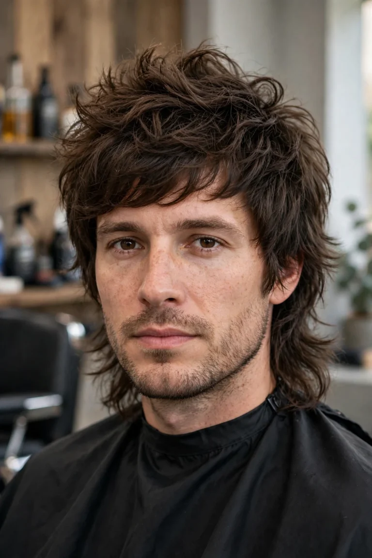 Featured photo of a modern wolf cut haircut for men — textured shaggy layers with curtain bangs and faded sides in a barbershop