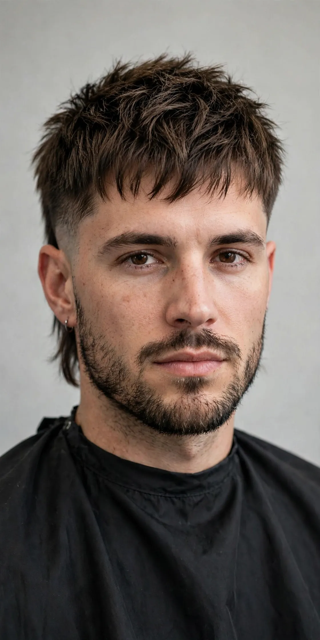 Man with a modern short mullet haircut — textured top, tapered sides, and short length at the nape, professional barbershop photo