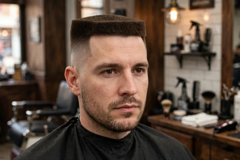 Classic flat top haircut with sharp square silhouette and tapered sides, a timeless men's haircut