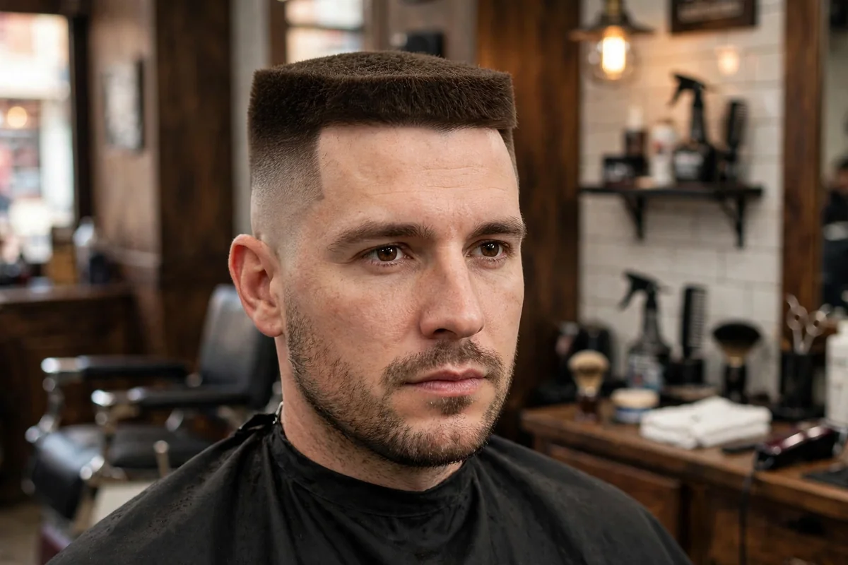 Classic flat top haircut with sharp square silhouette and tapered sides, a timeless men's haircut