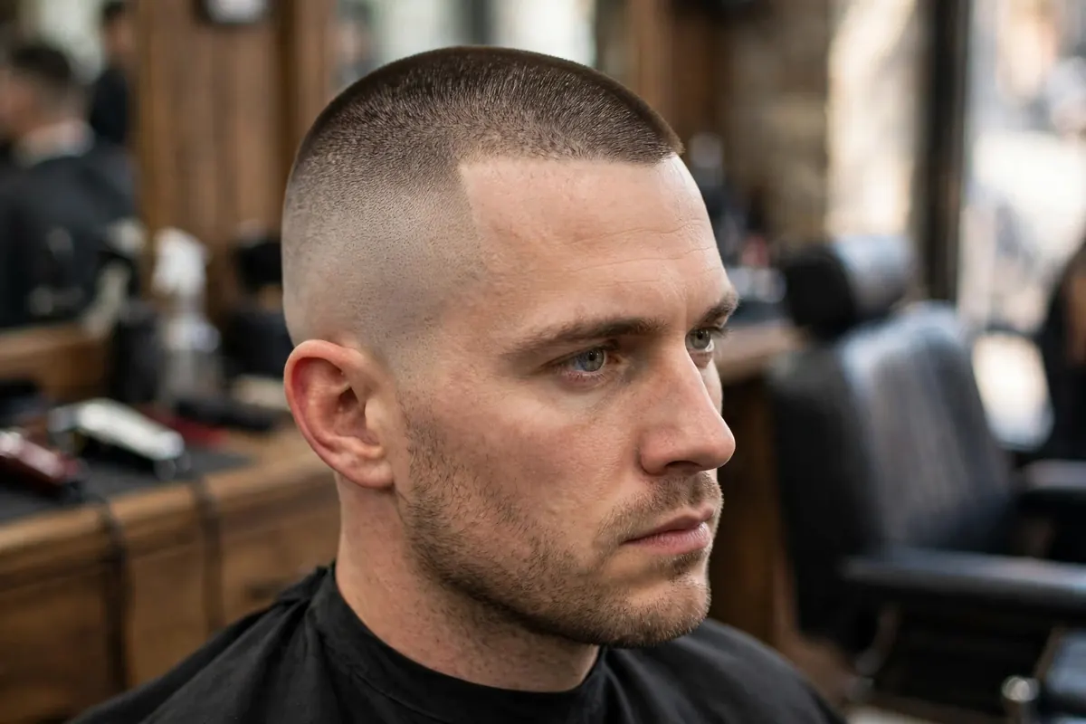 Classic military high and tight haircut on a man with skin-shaved sides and a short buzzed top