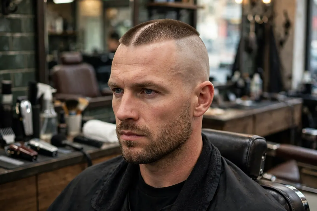 Extreme high and tight recon haircut with shaved sides and a narrow strip of short hair on top