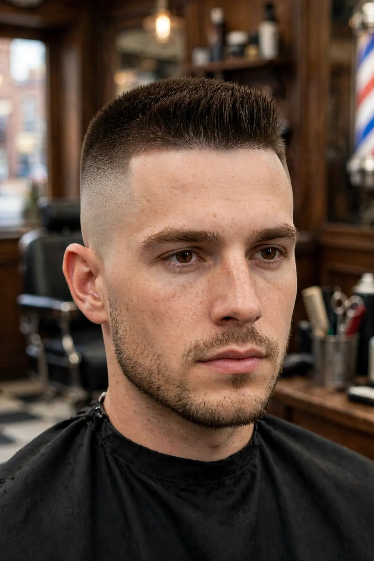 High and tight crew cut for men with even one-inch top and tight faded sides
