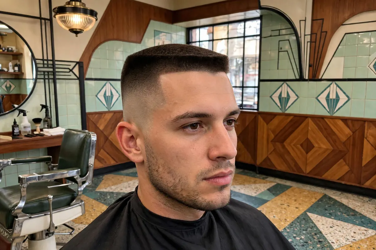 Retro high and tight flattop haircut with flat square top and skin-faded sides