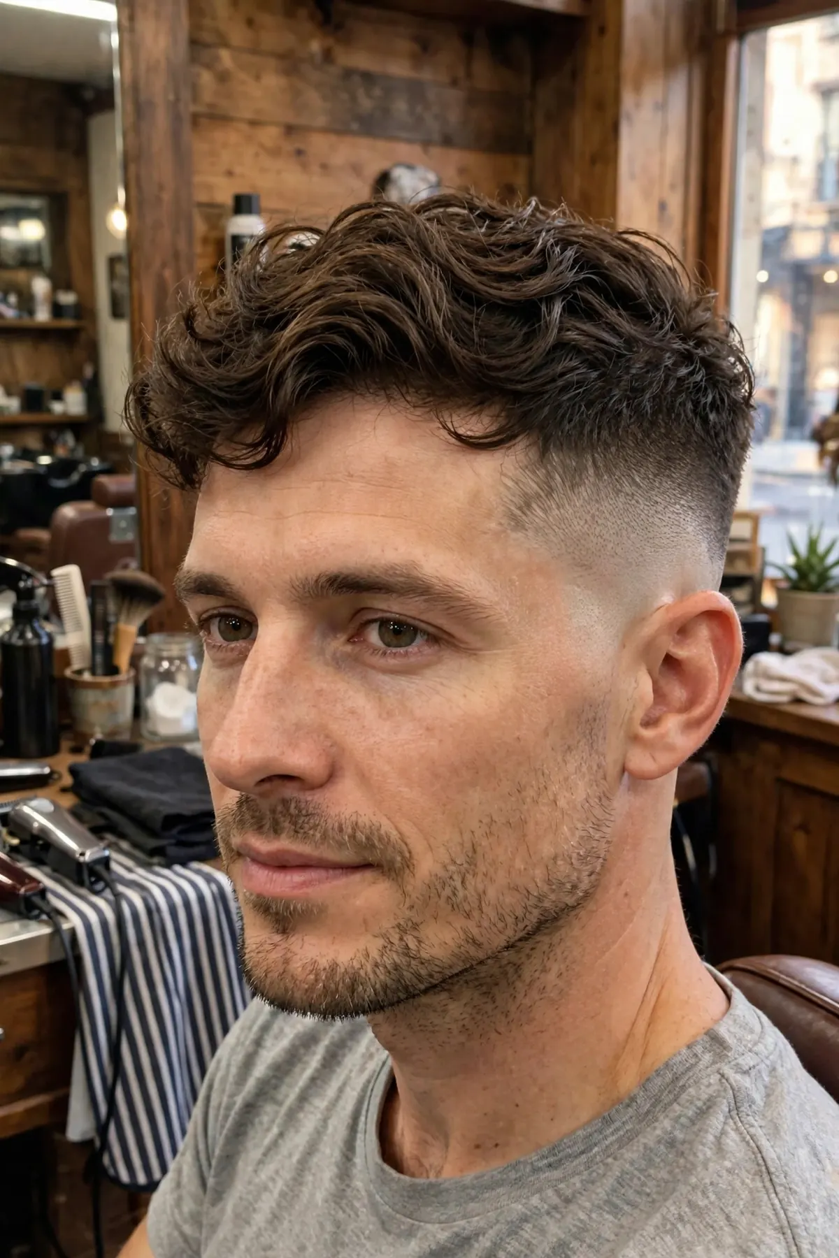 Wavy high and tight mens haircut with natural waves on top and high tight sides