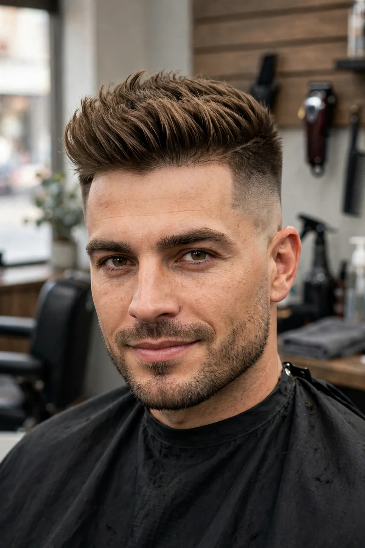 Brushed up high and tight haircut for men with lifted voluminous top and faded sides