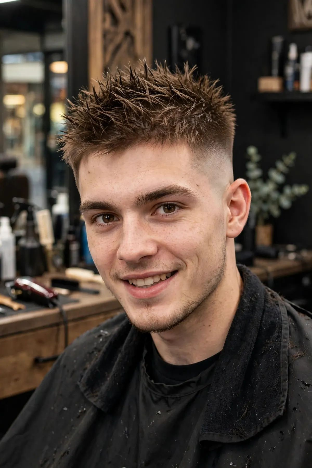 Spiky high and tight mens hairstyle with textured spikes on top and high faded sides