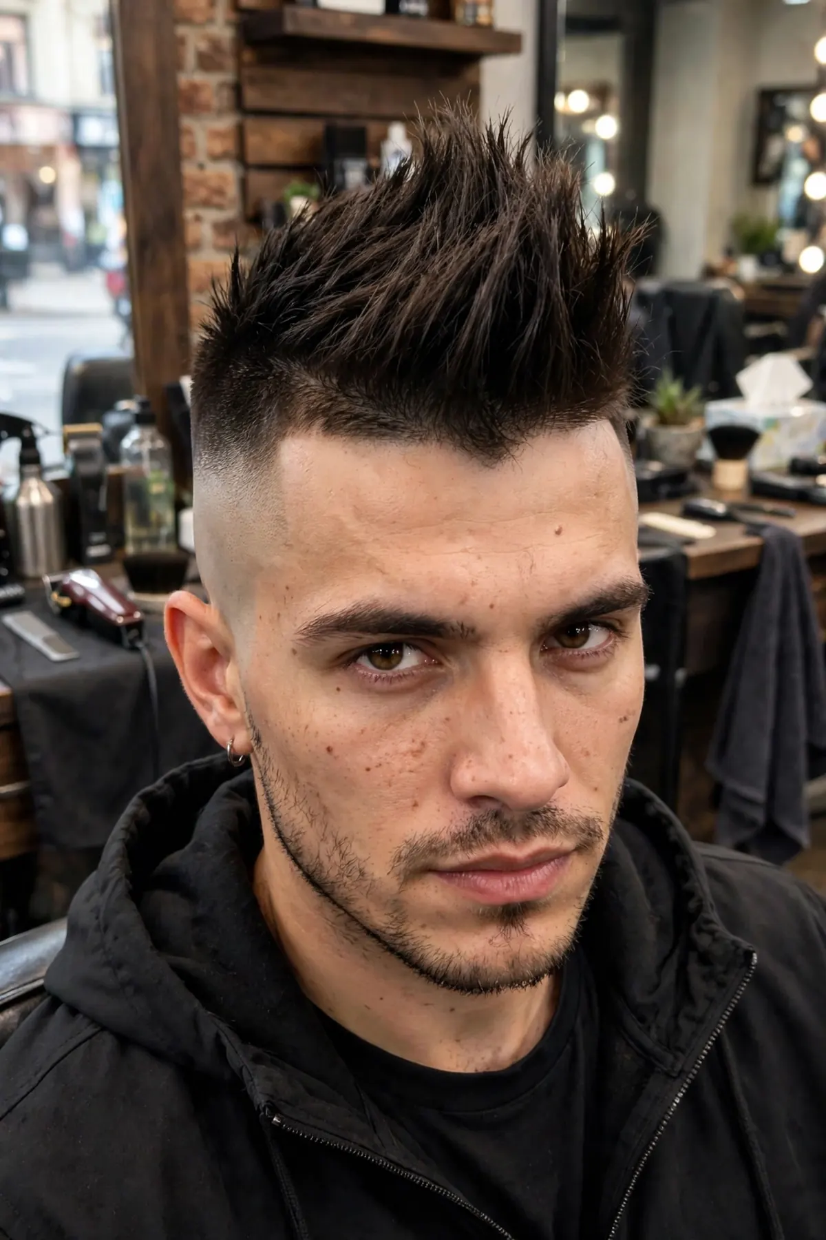 Faux hawk high and tight haircut with longer center strip and shaved high sides