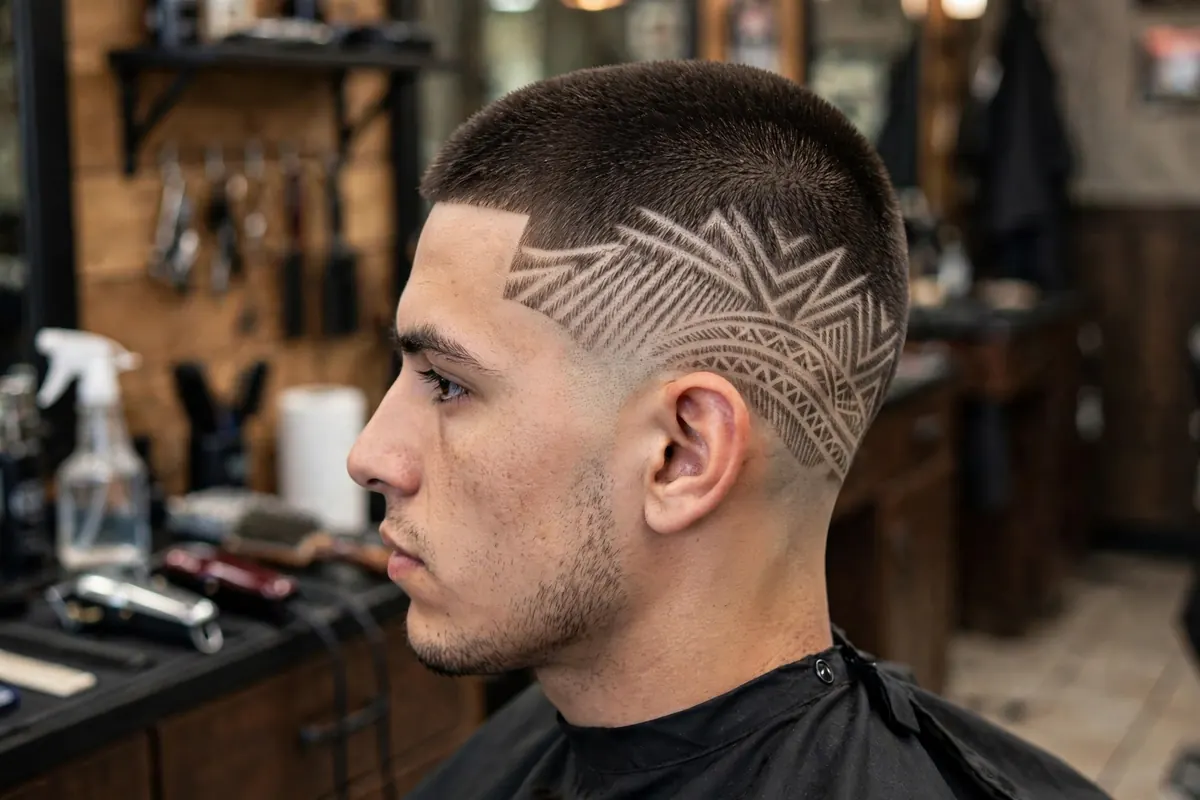 High and tight haircut with shaved hair design lines etched into faded sides