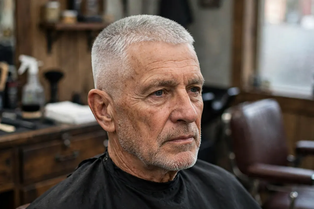 High and tight haircut for older men with silver hair, classic short sides and neat top