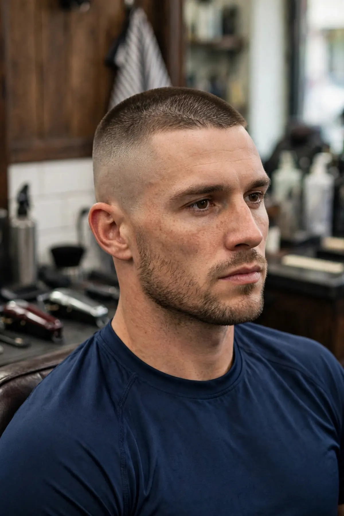 Athletic high and tight haircut on a sportsman with short practical top and tight sides