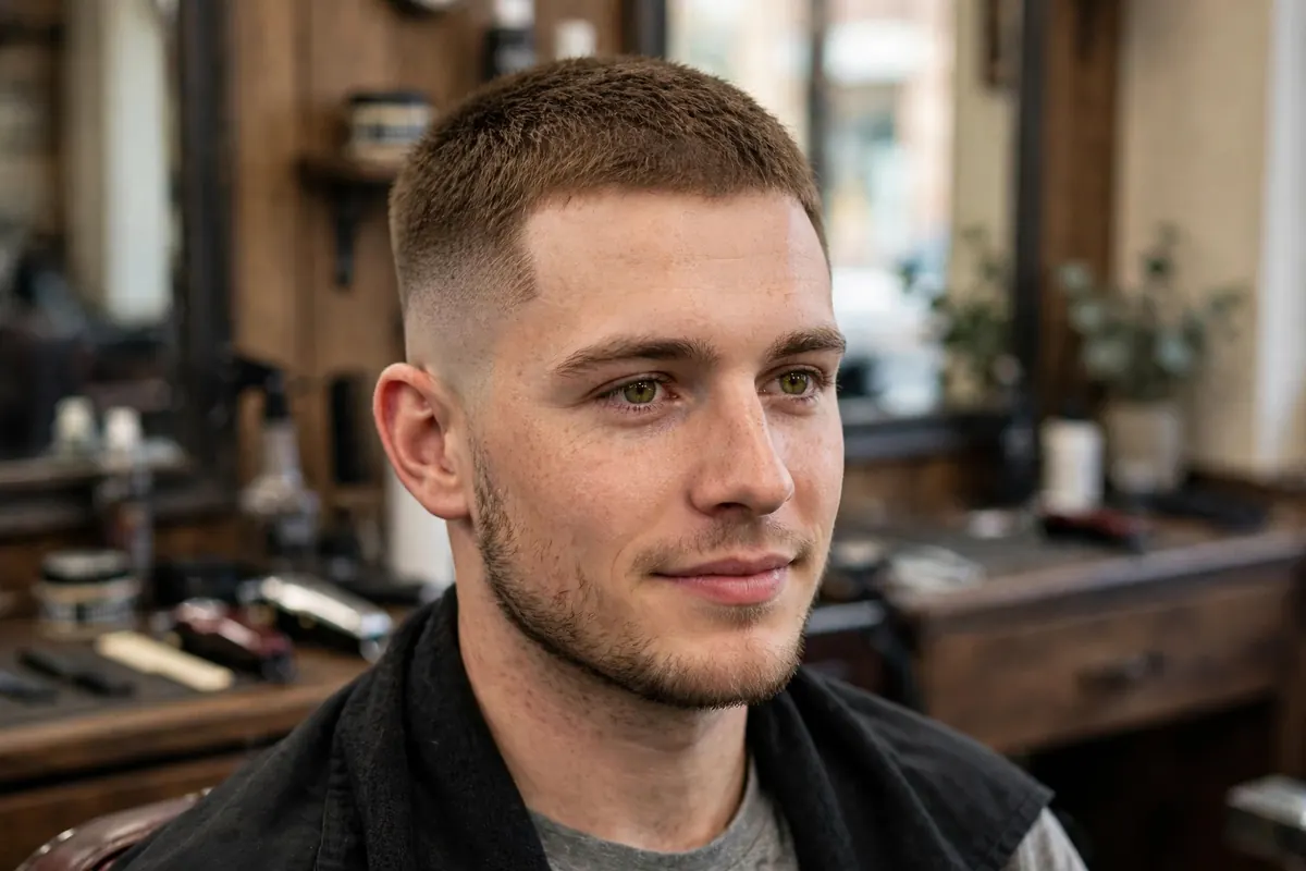 Soft low contrast high and tight haircut with gently blended sides and natural short top