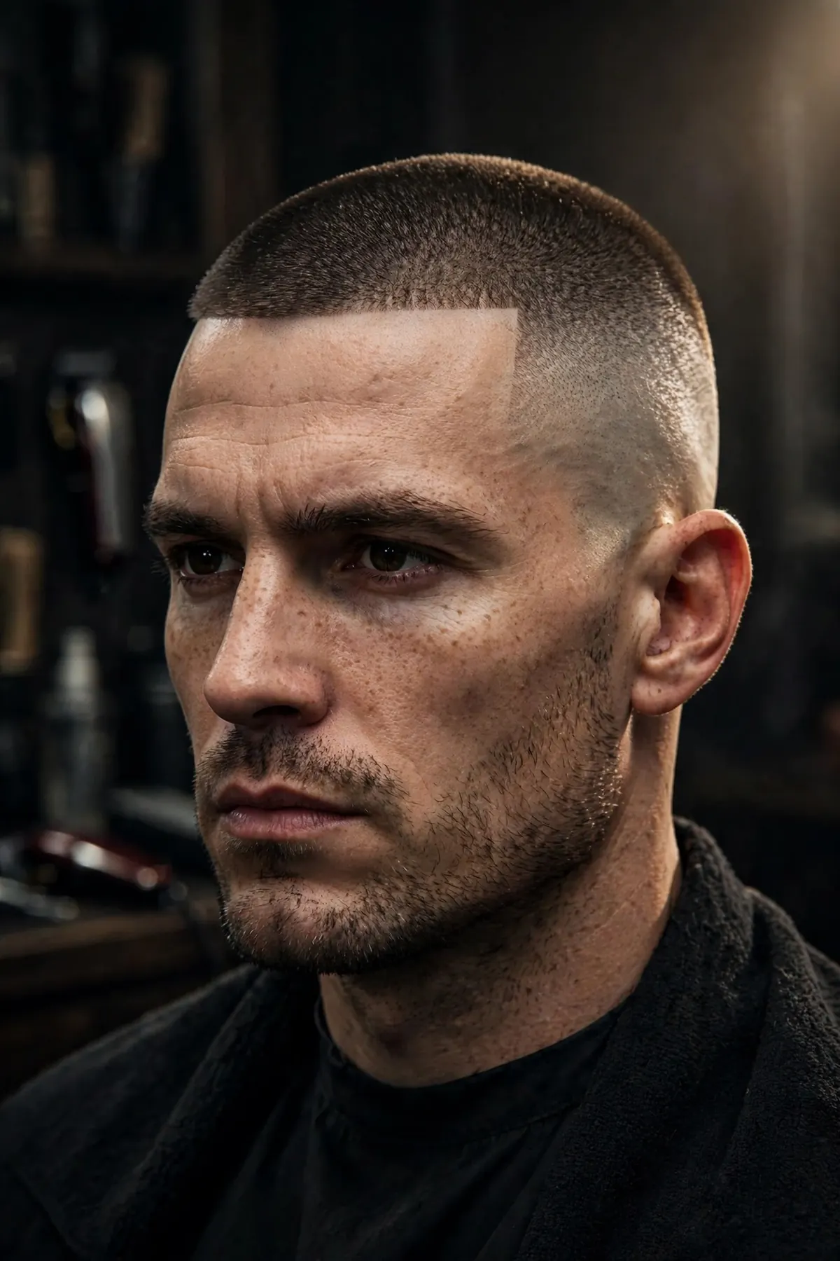 Man with a sharp high and tight military haircut, skin faded sides and short buzzed top, barbershop portrait