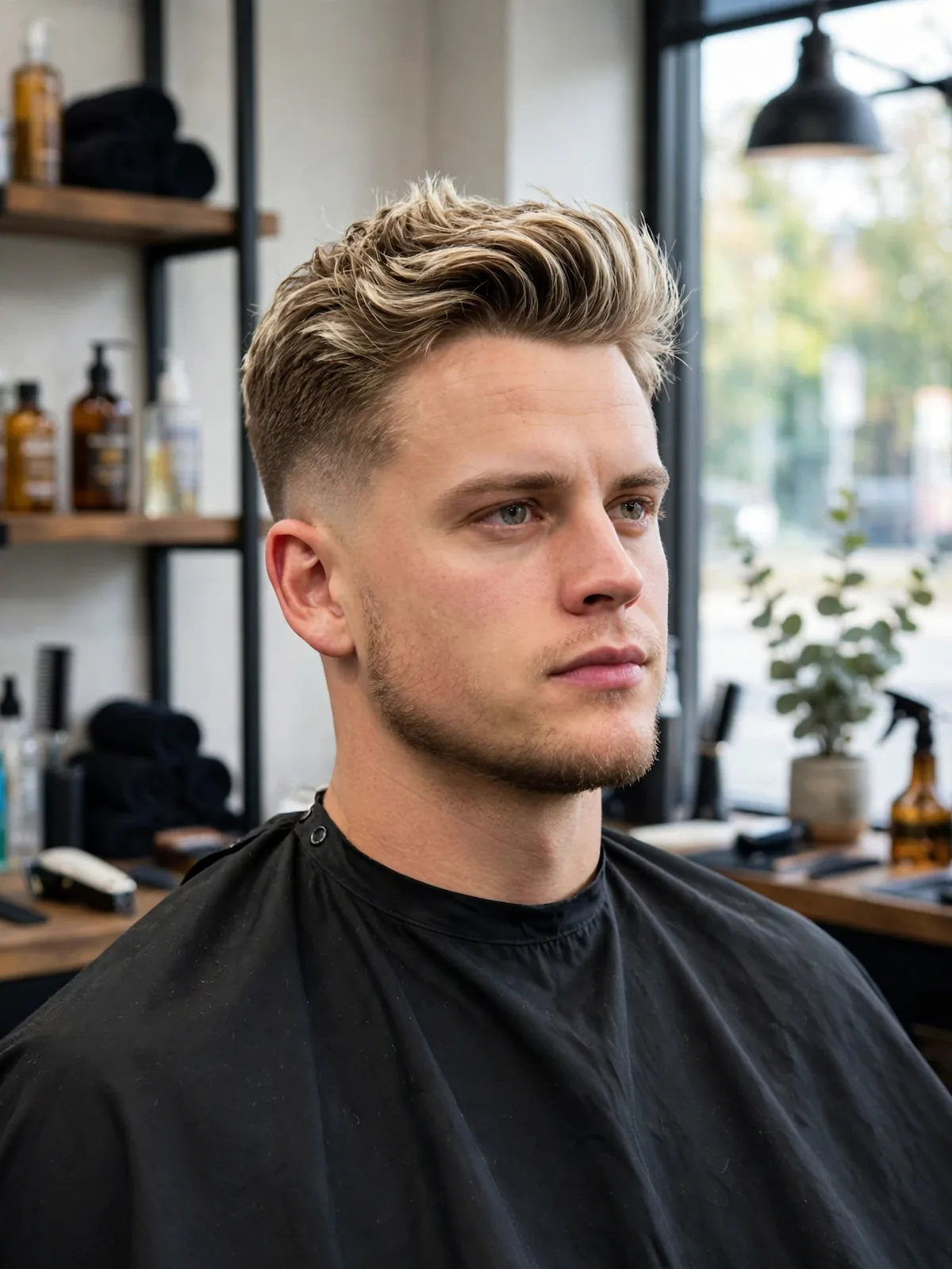 Brushed-up undercut inspired by Joe Burrow — short trimmed sides with longer textured hair on top styled upward