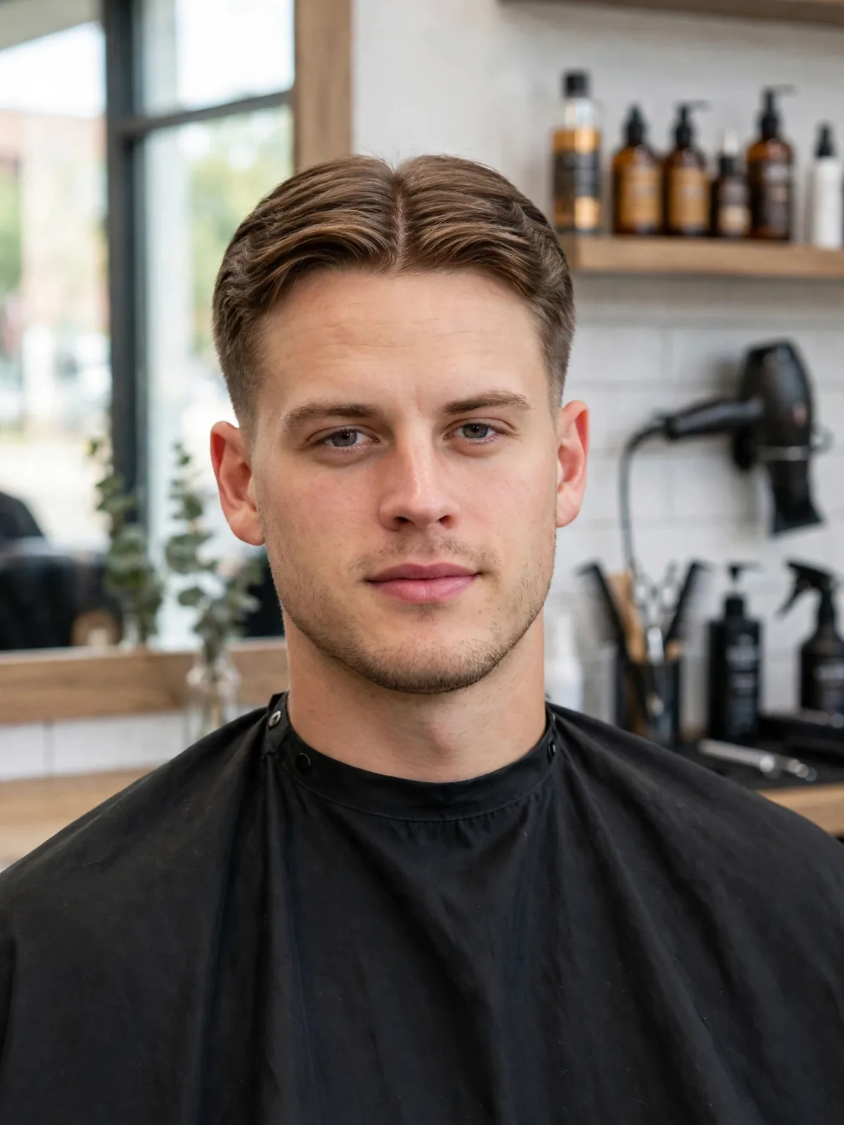 Joe Burrow inspired short middle-part haircut — short crop with a clean center part and tapered sides