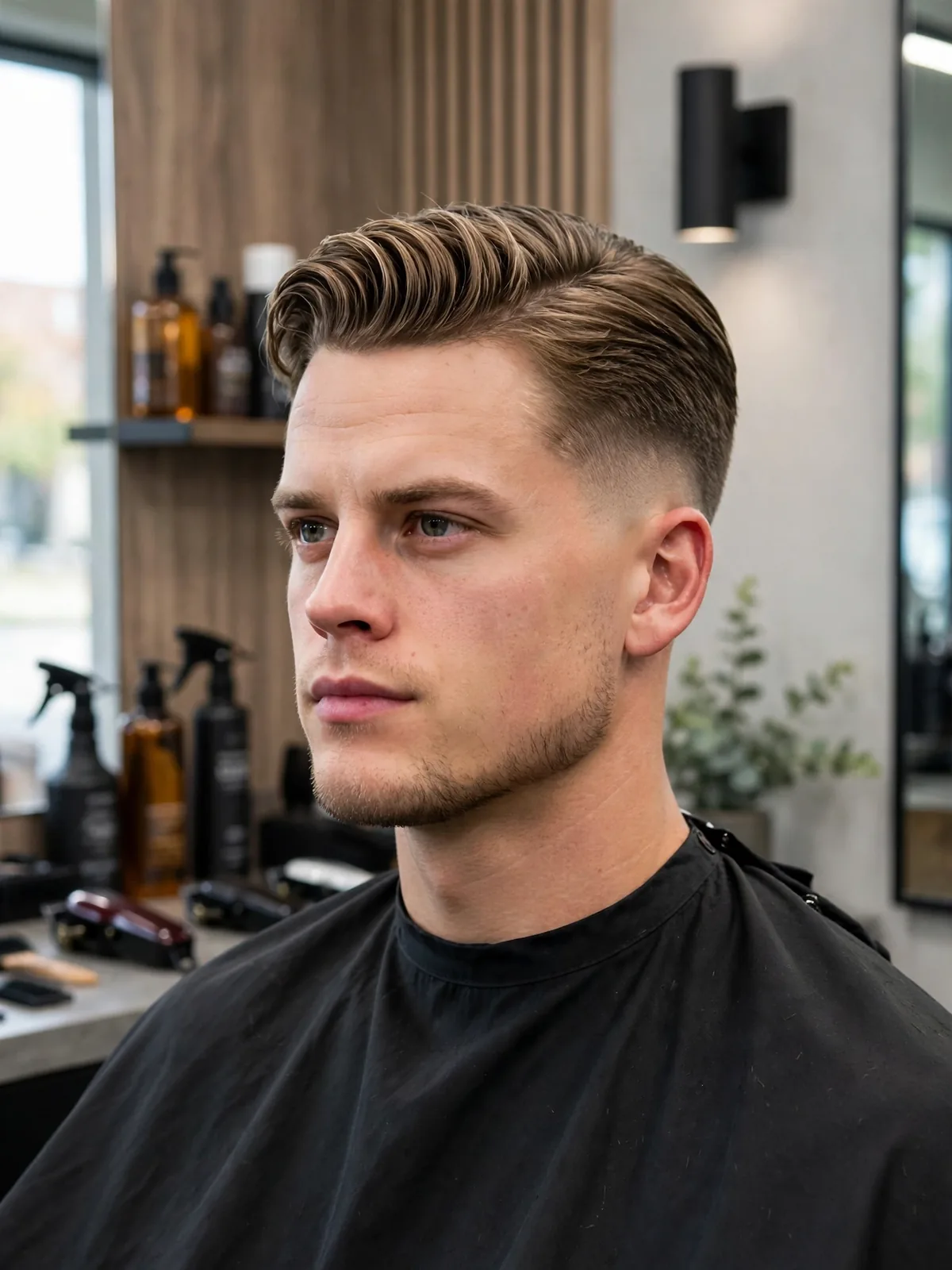 Mid-taper combover haircut inspired by Joe Burrow — neat combed top with a clean mid taper on the sides