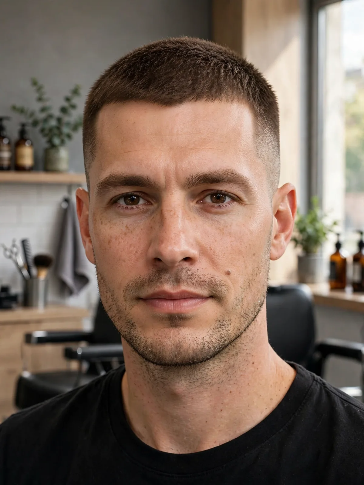 Low taper Burrow crop haircut — subtle taper at the ears and neckline with a short crop on top