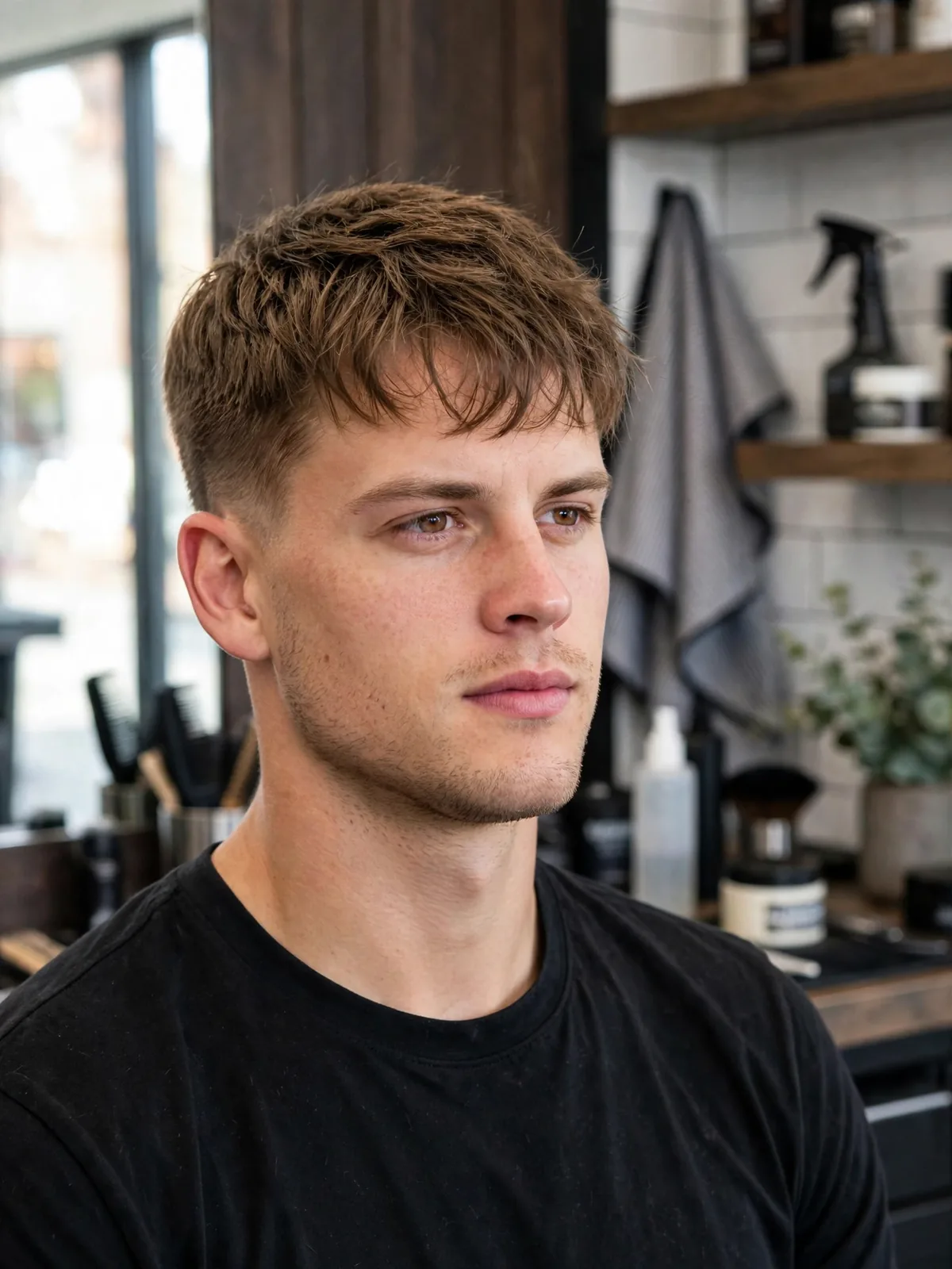 Burrow-inspired fringe haircut for men — soft textured fringe with short tapered sides