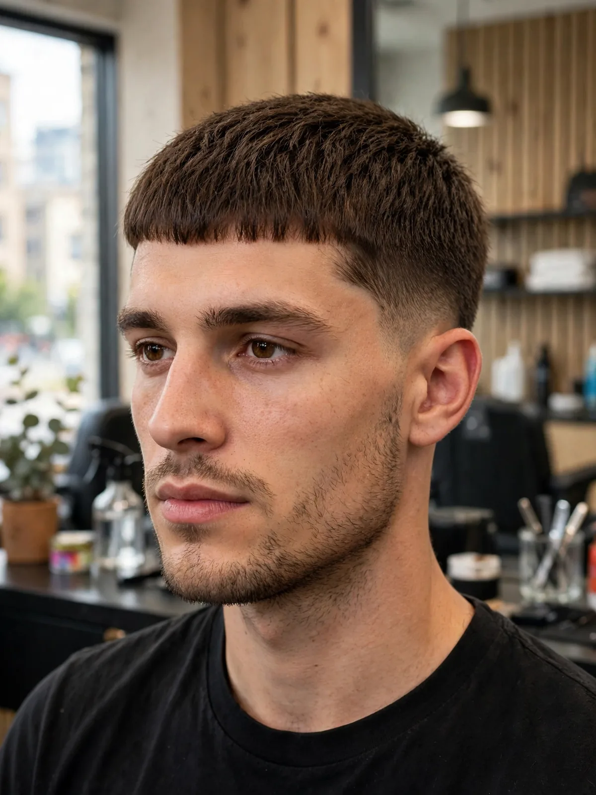 Caesar-inspired crop haircut for men — short even crop with a straight textured fringe like the Burrow cut
