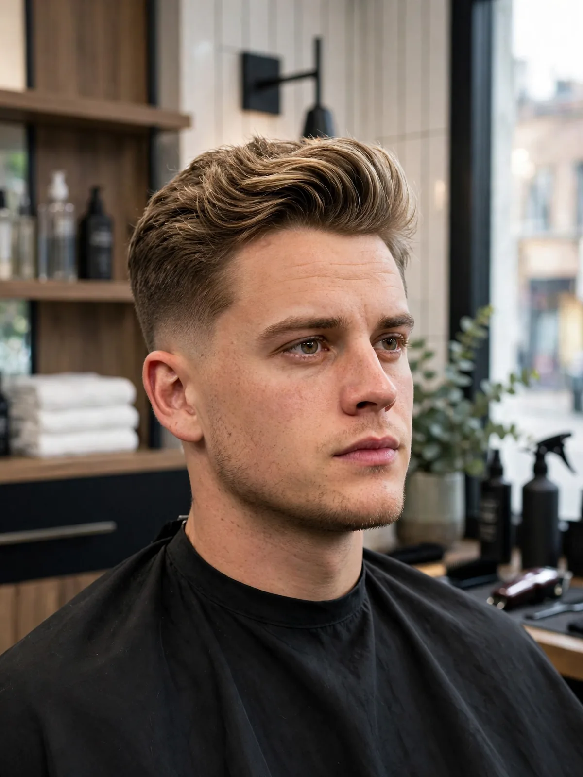 Textured quiff haircut inspired by Joe Burrow — lifted front with tapered sides for men