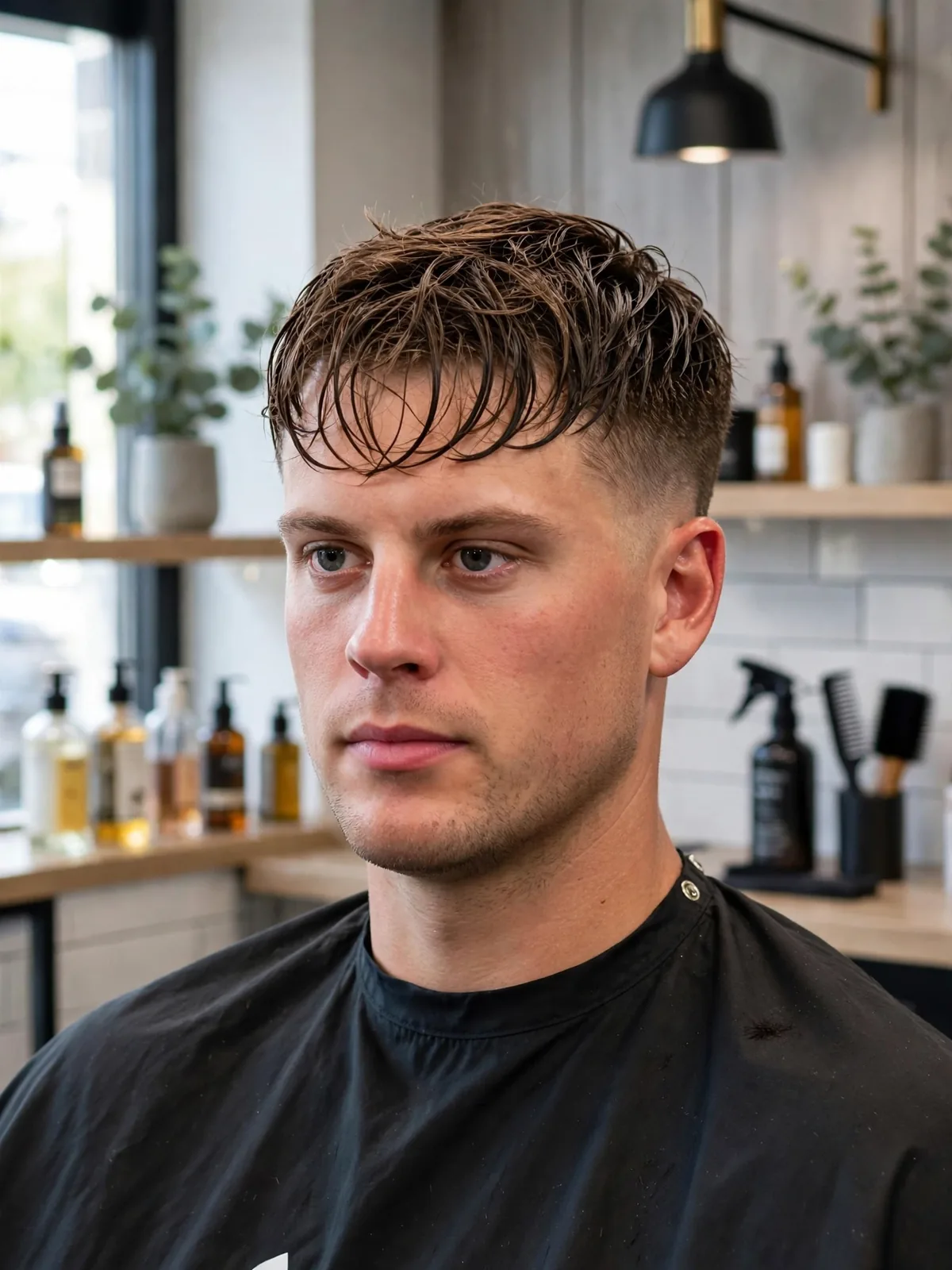 Wet-look crop haircut like Joe Burrow — short crop with a glossy damp finish and tapered sides