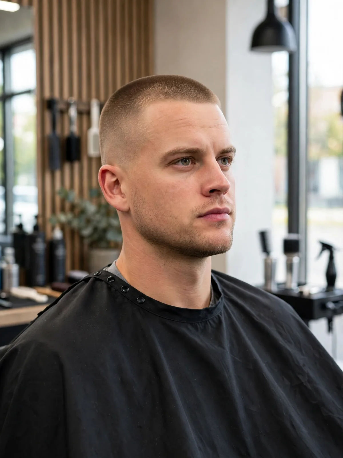 Classic buzz cut like Joe Burrow — even clipped buzz with clean edges, one of the simplest short haircuts for men