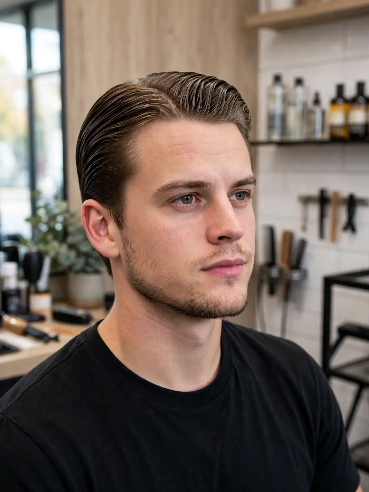 Mid-parted slick back haircut like Joe Burrow — middle part with hair slicked back for men