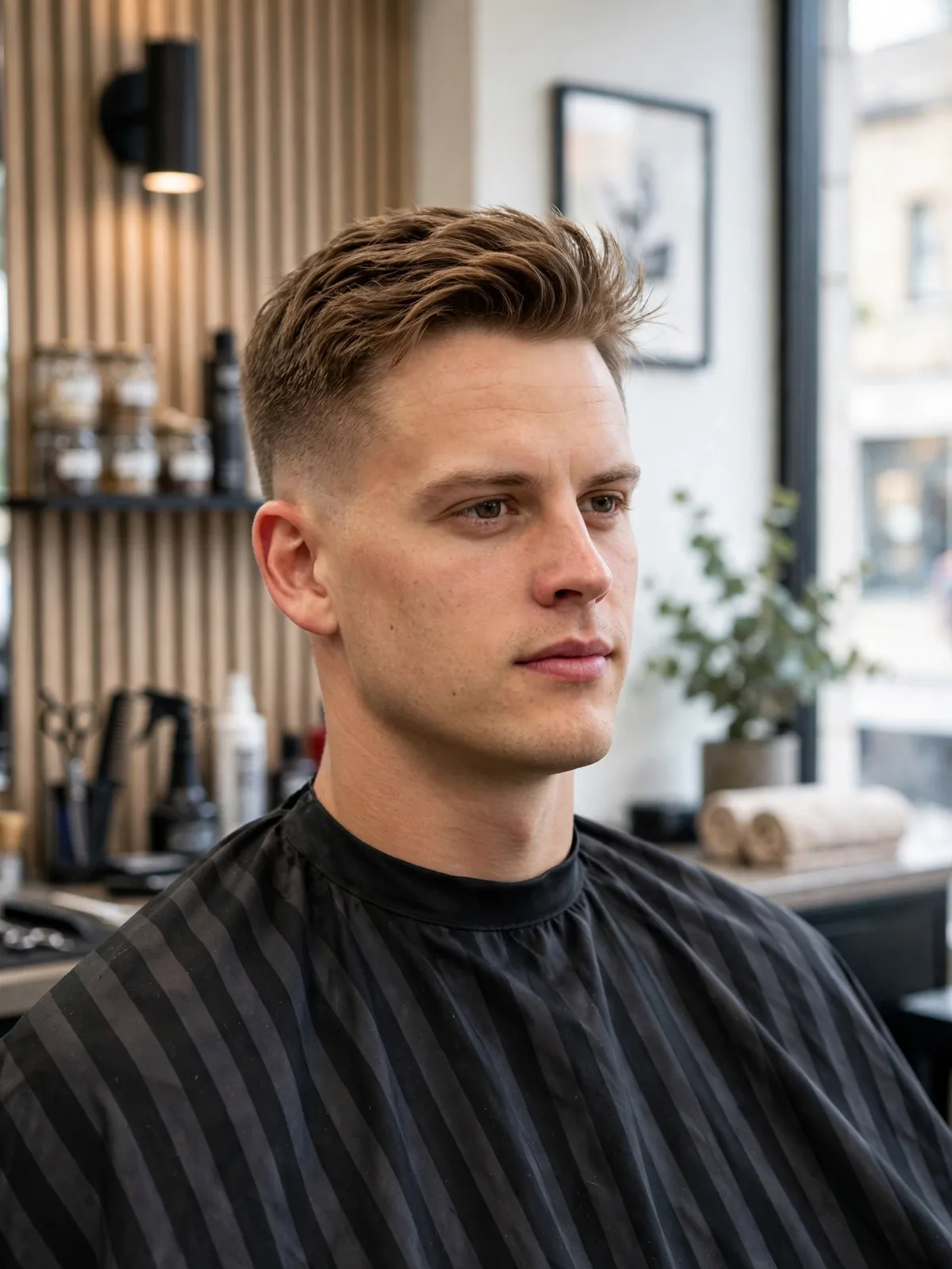 Clean-shaven sharp Joe Burrow haircut — short textured crop with clean tapered edges for men