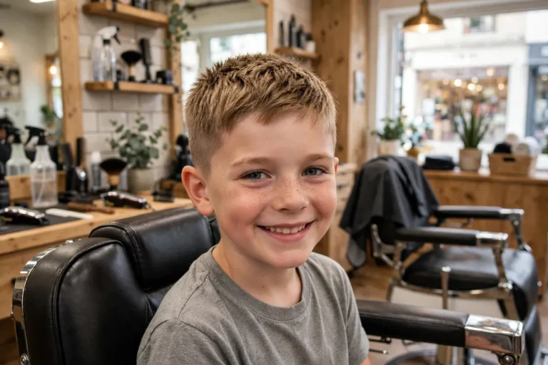 A smiling young boy with a fresh textured crop haircut sitting in a barbershop chair, one of the 30 best kids haircuts for boys featured in this guide