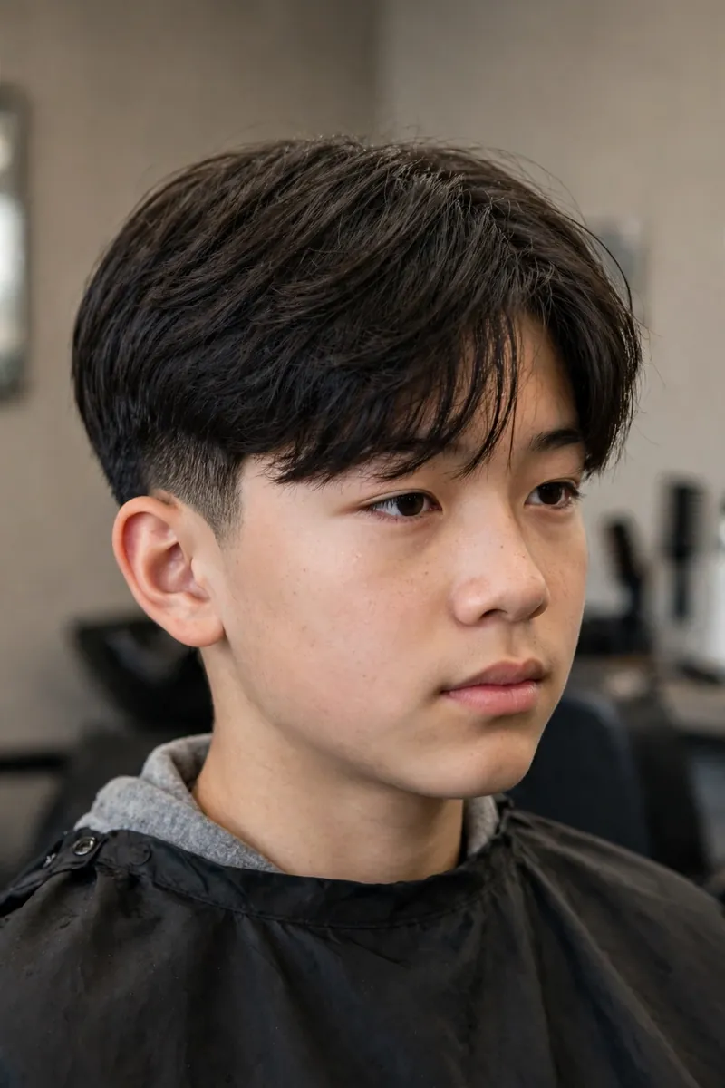 Classic Korean two-block haircut on a teen boy with long layered top and short tapered sides