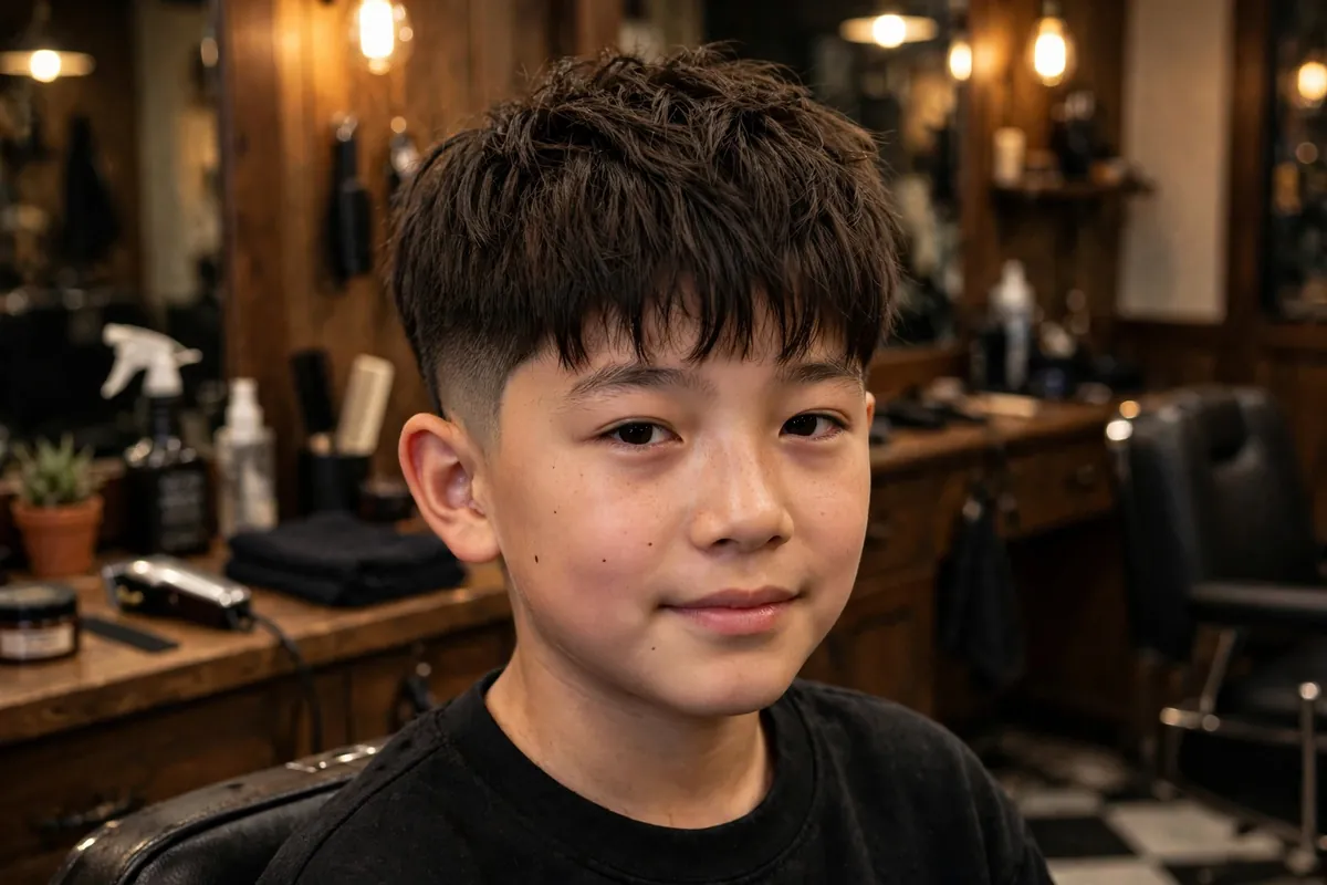 Textured two-block Korean boy haircut with choppy layers on top and faded sides