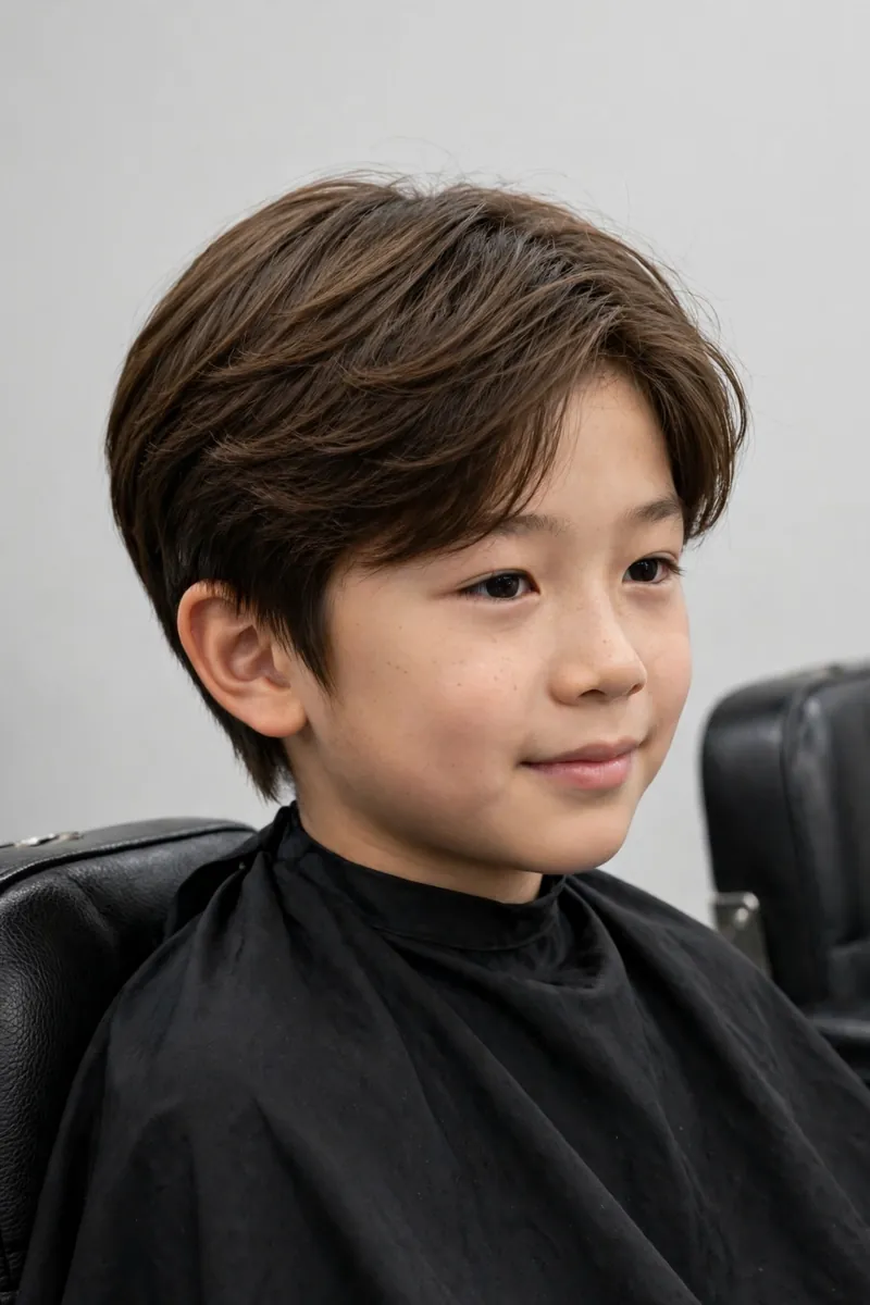 Soft layered two-block Korean boy haircut with gentle feathered layers and low taper