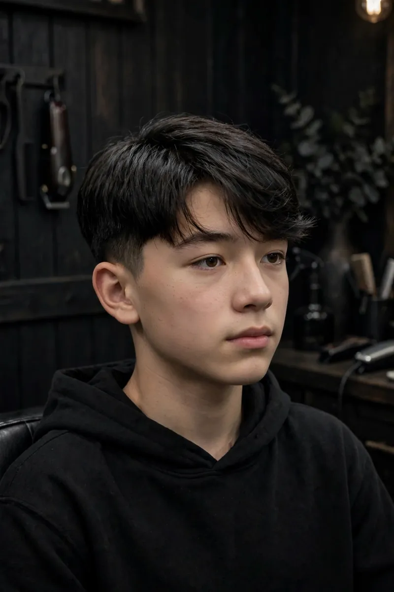 Korean two-block haircut for a boy with a side-swept fringe and neat tapered sides