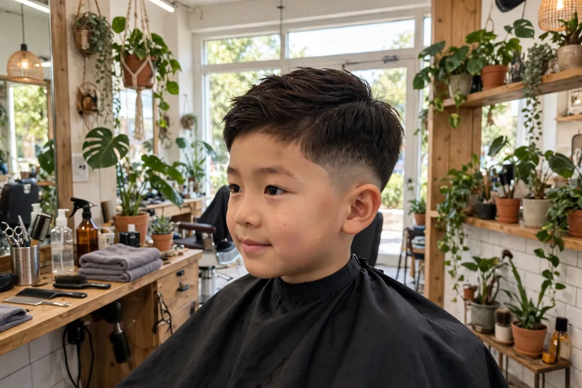 Short school-friendly two-block Korean boy haircut with tidy short top and clean sides