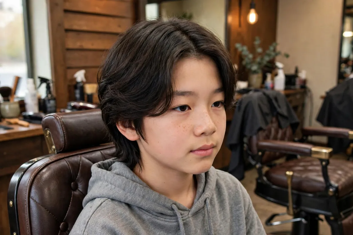 Two-block flow Korean boy haircut with a middle part and longer flowing top hair