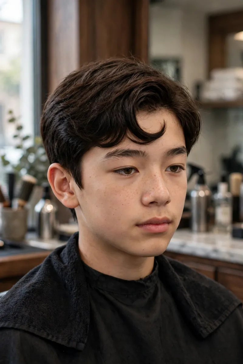 Comma hair Korean boy haircut with a curved C-shaped fringe over the forehead