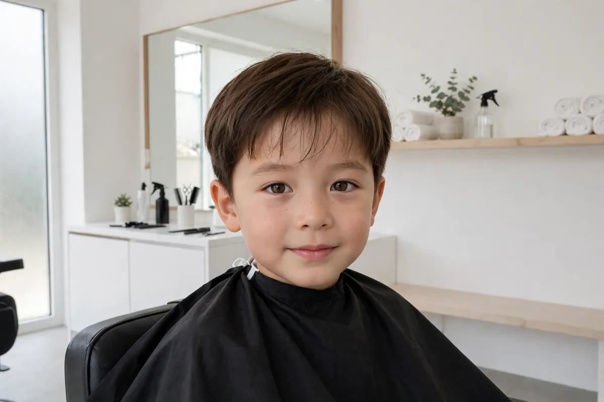 See-through fringe Korean boy haircut with light wispy bangs showing the forehead